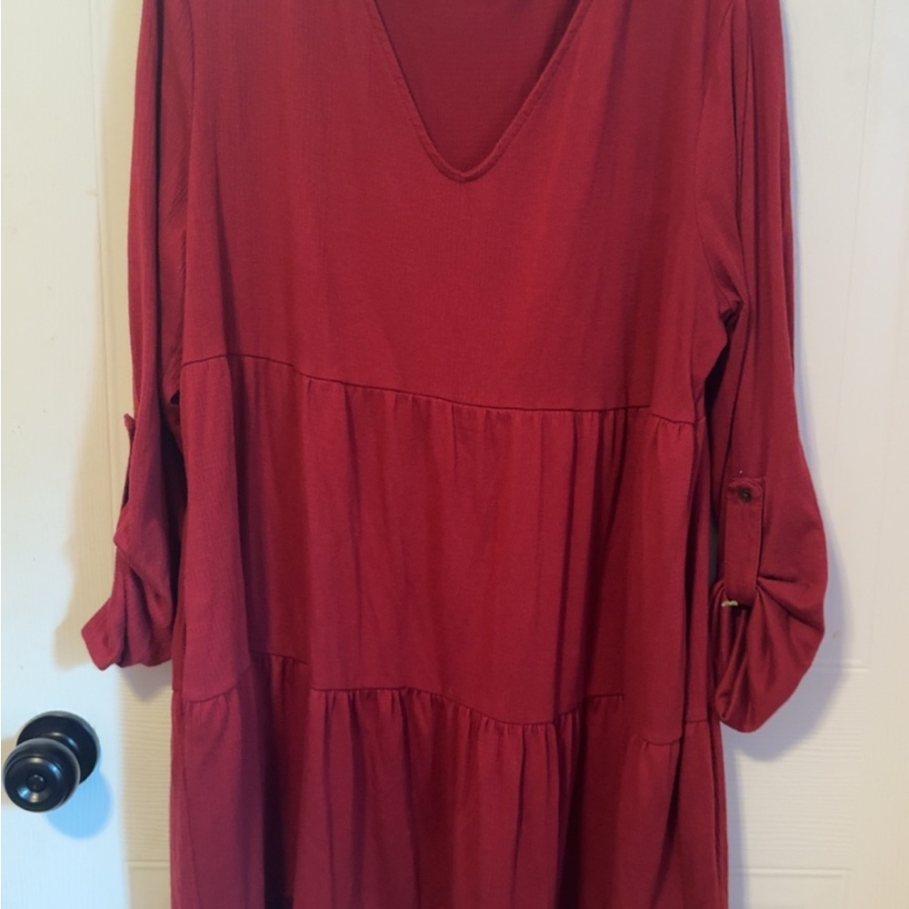 Red V-Neck Long Sleeve Dress